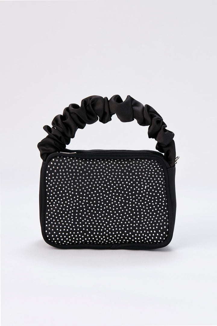 Diamente Evening Bag with Detachable Crossbody Strap - Black