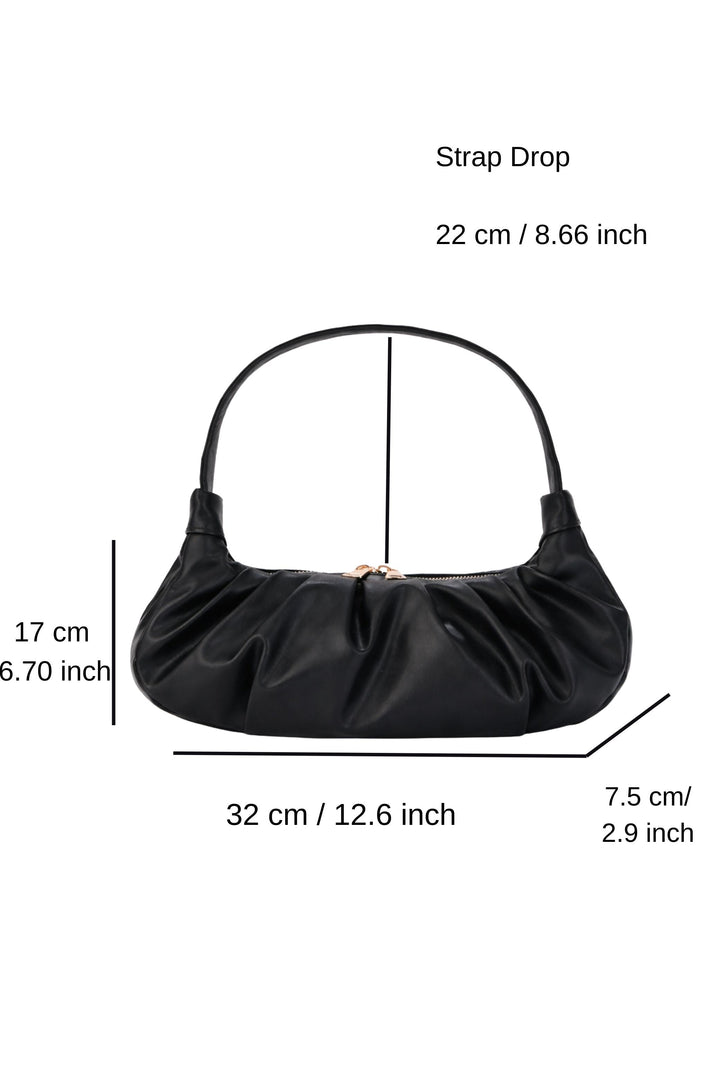 Pleated Pu Leather Shoulder Bag - Black