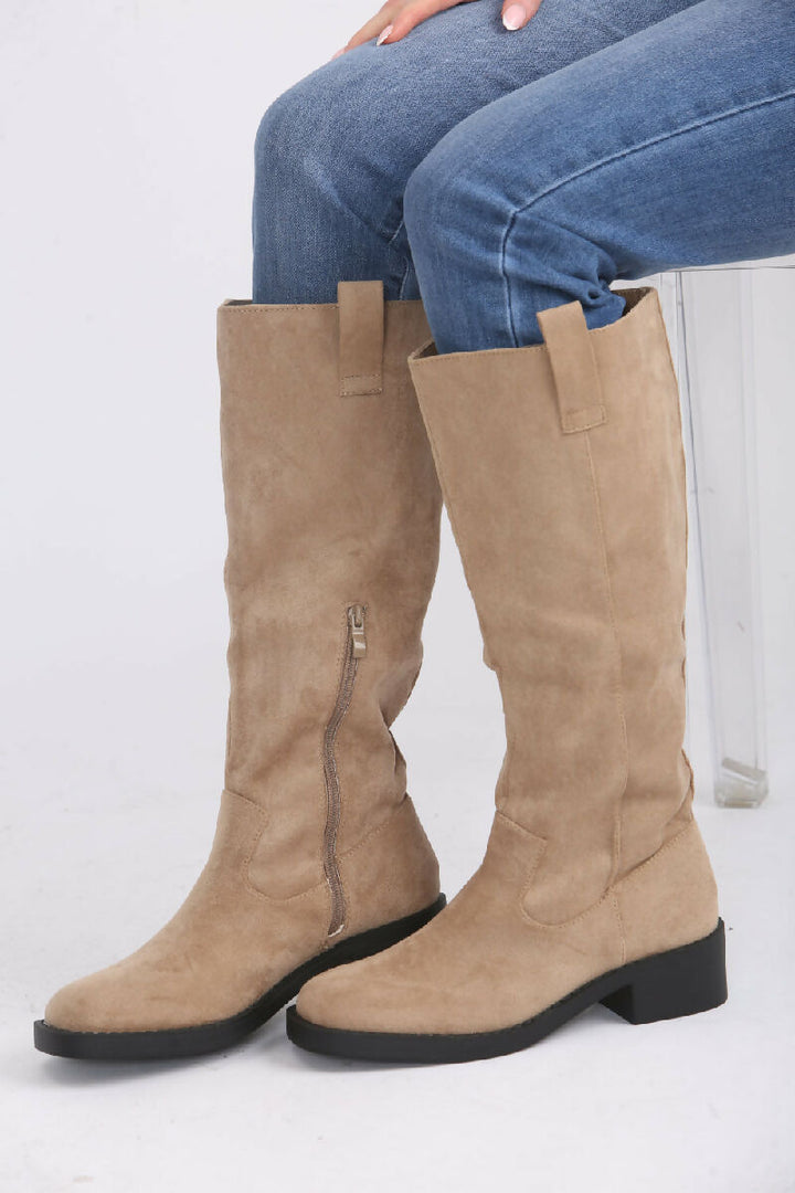 Camel Suede Designer Knee High Flat Boot (PACK OF 12 PAIRS UK3-UK8) - jqwholesale.com