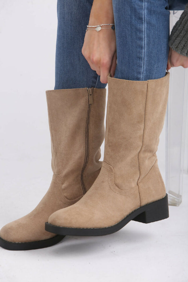 Camel Suede Designer Calf High Flat Boot (PACK OF 12 PAIRS UK3-UK8) - jqwholesale.com
