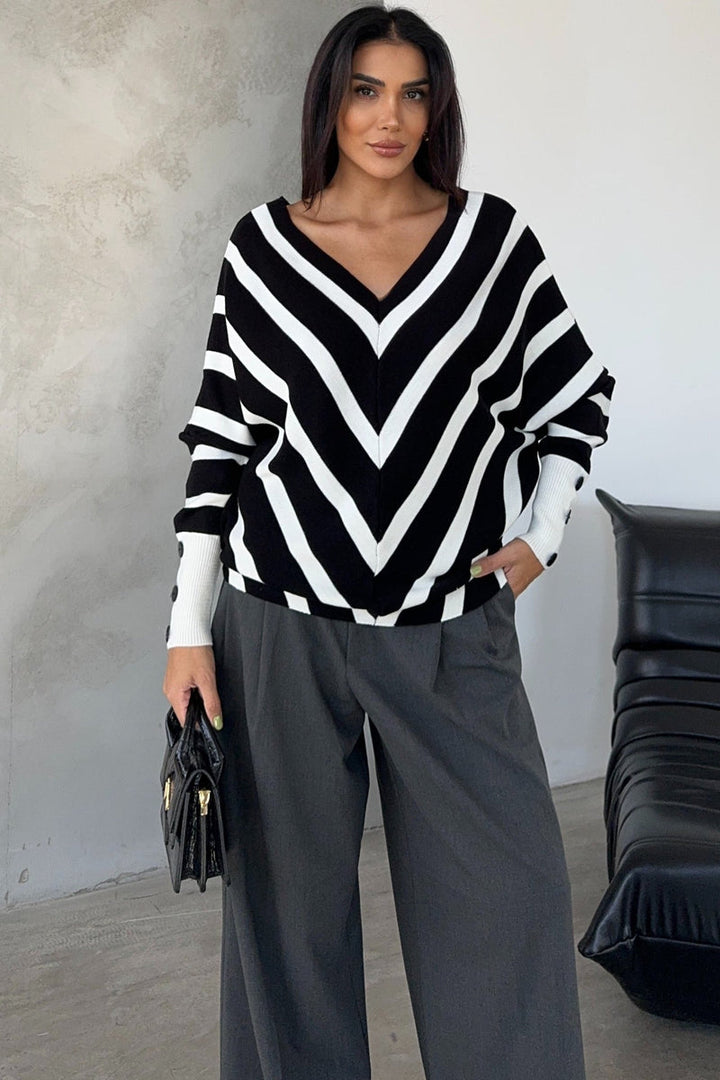 Black Off-Shoulder Striped Knit Sweater with Button Details - jqwholesale.com