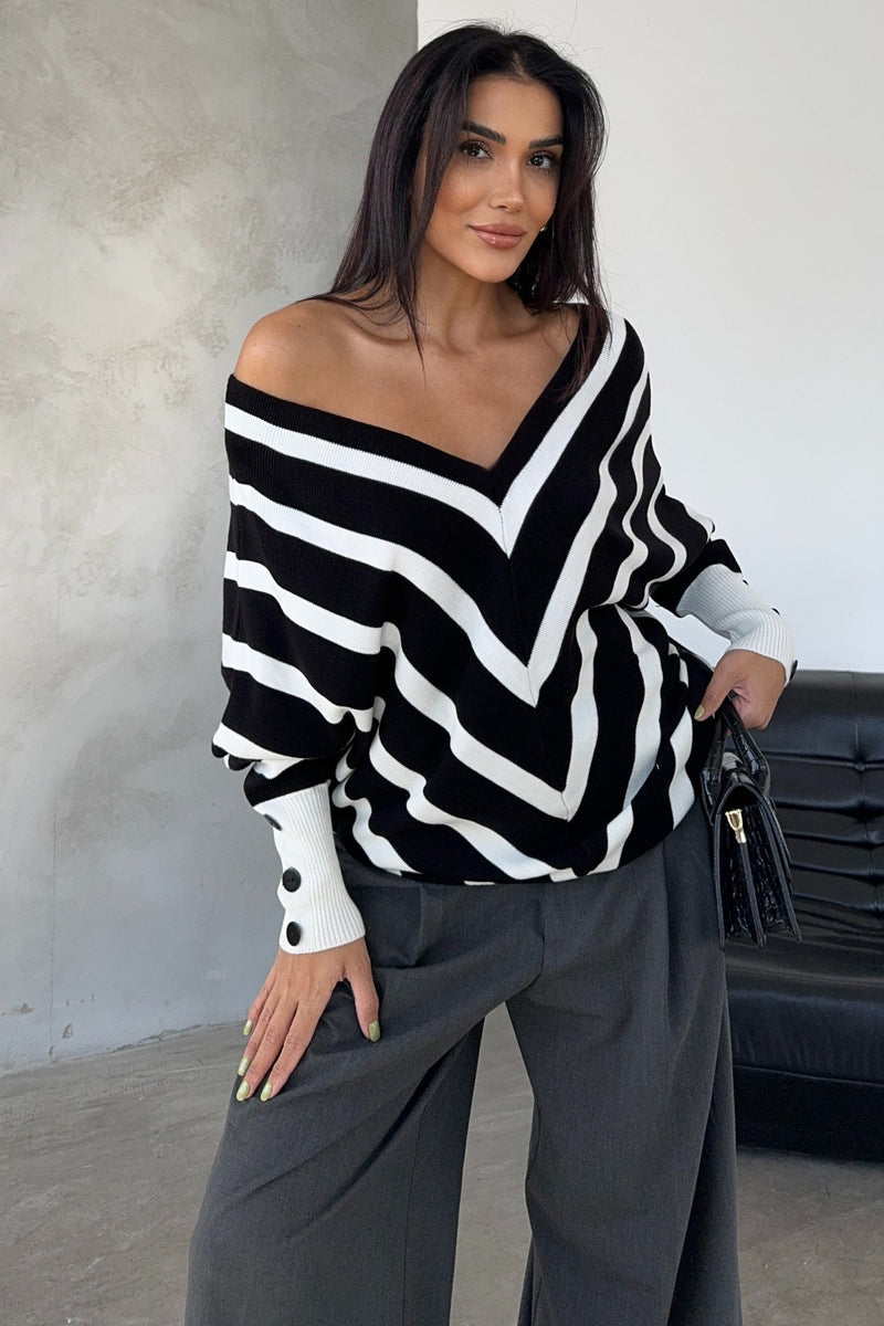 Black Off-Shoulder Striped Knit Sweater with Button Details - jqwholesale.com