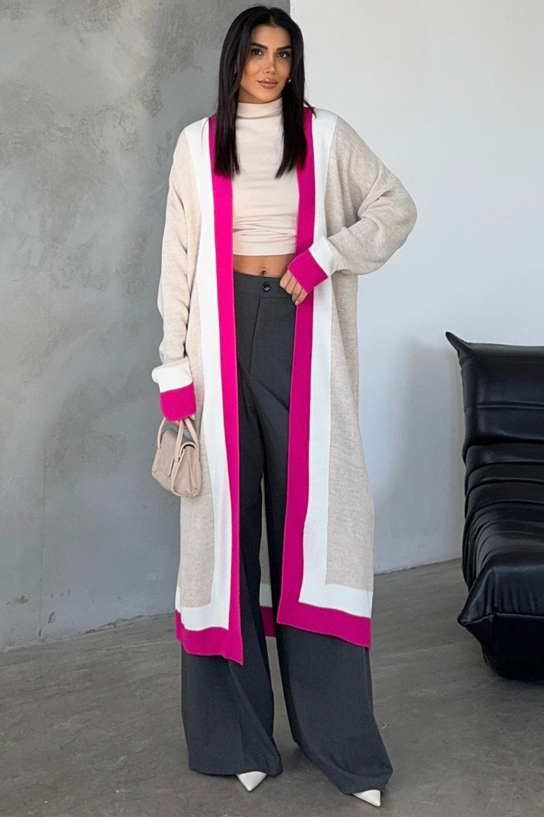 Beige & Fuchsia Color Block Longline Knit Cardigan - jqwholesale.com