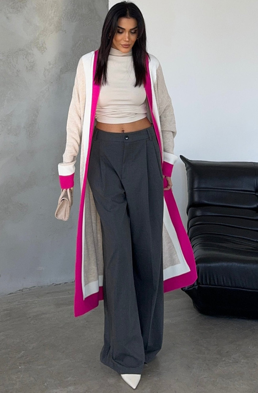 Beige & Fuchsia Color Block Longline Knit Cardigan - jqwholesale.com