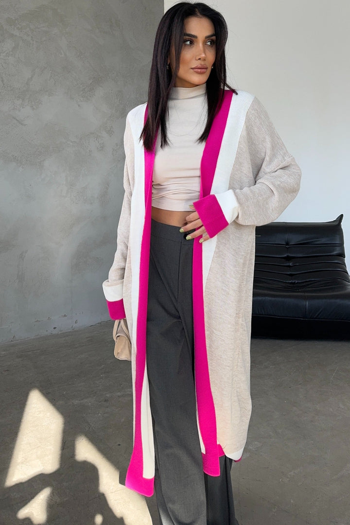 Beige & Fuchsia Color Block Longline Knit Cardigan - jqwholesale.com