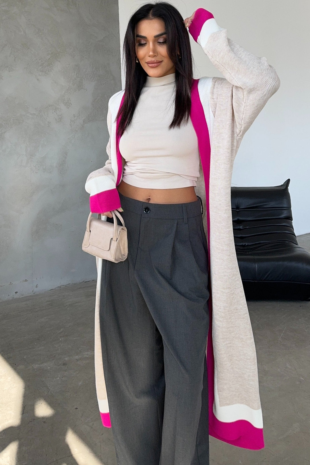 Beige & Fuchsia Color Block Longline Knit Cardigan - jqwholesale.com