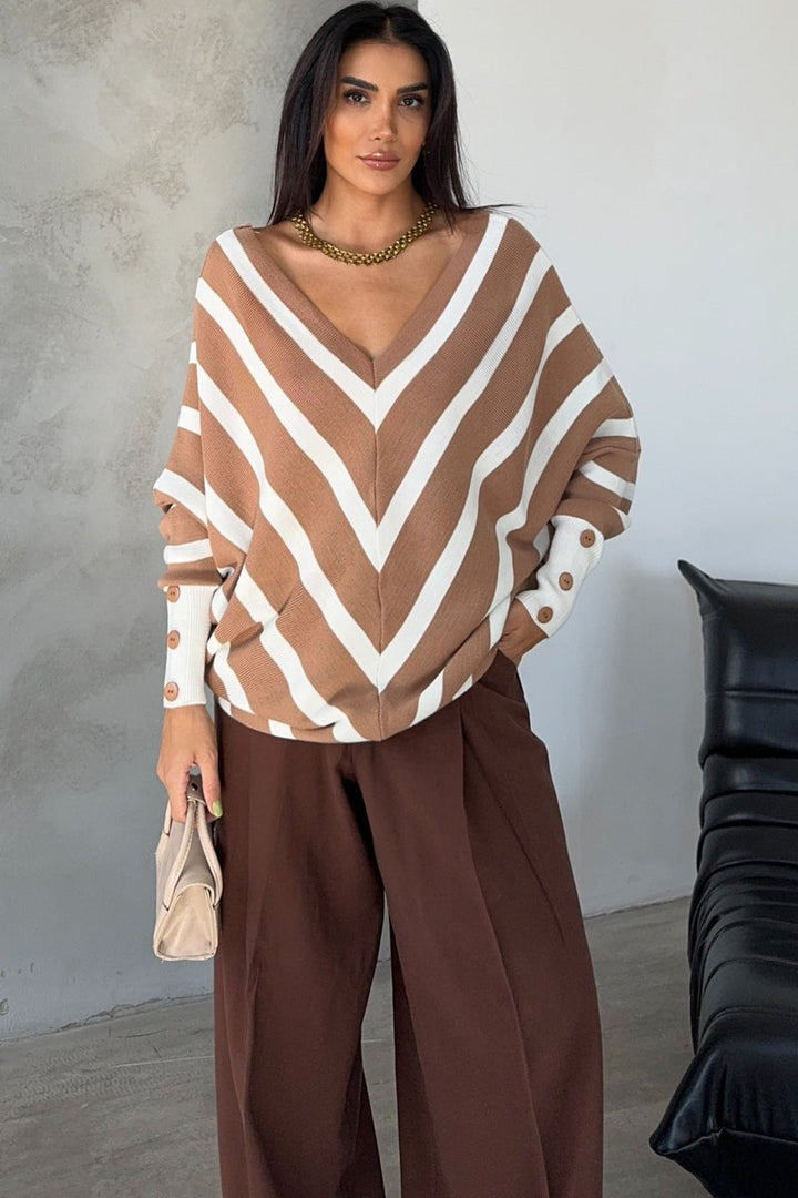 Camel Off-Shoulder Striped Knit Sweater with Button Details - jqwholesale.com