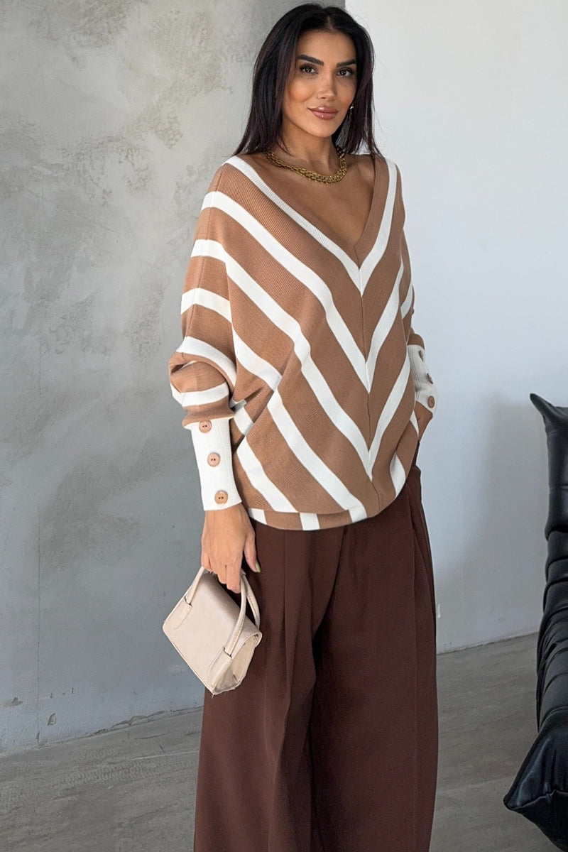 Camel Off-Shoulder Striped Knit Sweater with Button Details - jqwholesale.com