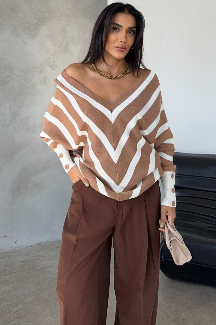 Camel Off-Shoulder Striped Knit Sweater with Button Details