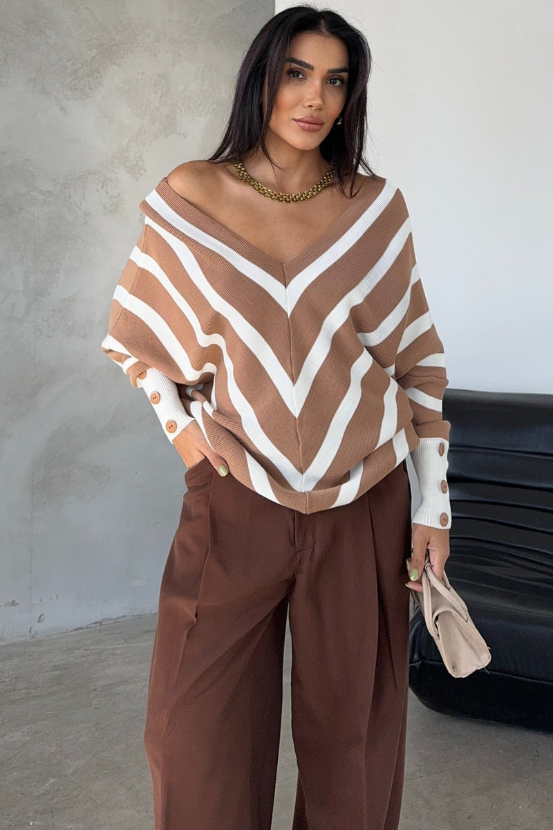 Camel Off-Shoulder Striped Knit Sweater with Button Details - jqwholesale.com