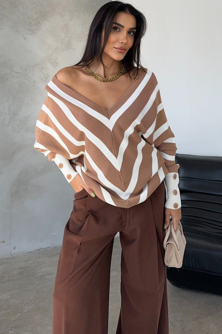 Camel Off-Shoulder Striped Knit Sweater with Button Details - jqwholesale.com
