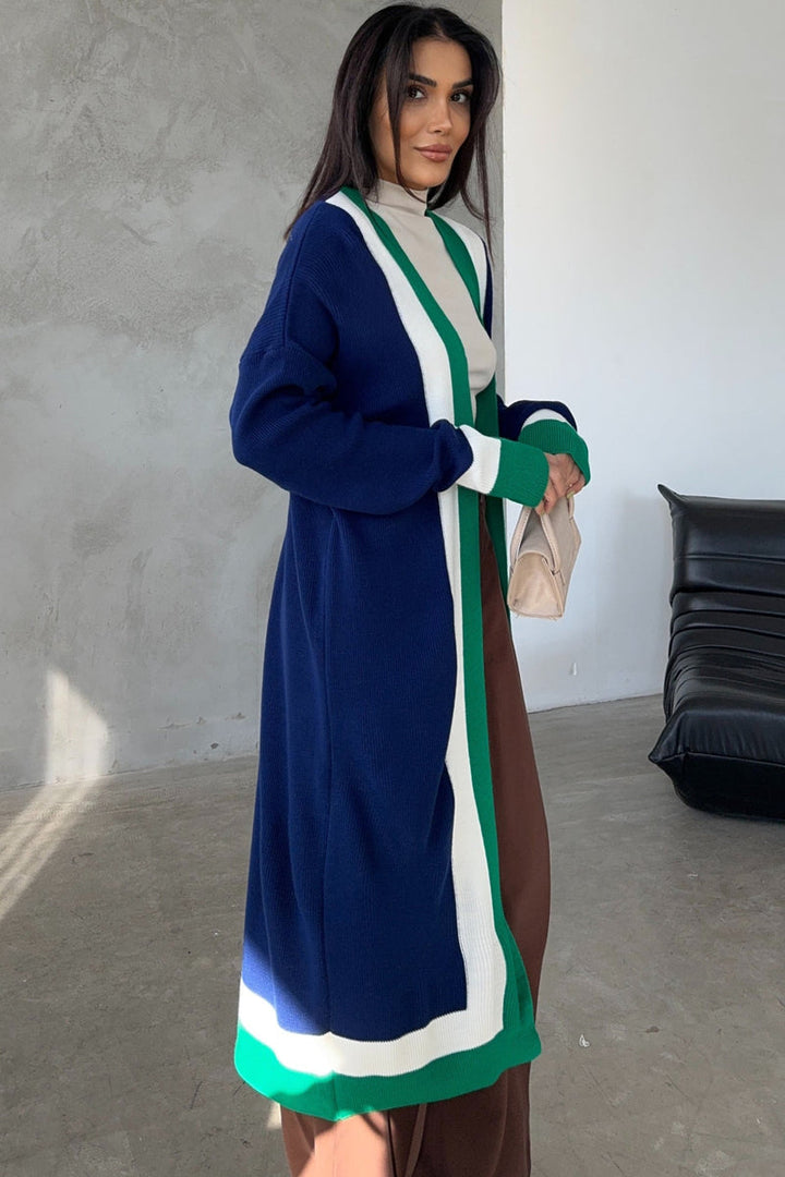 Navy & Green Color Block Longline Knit Cardigan - jqwholesale.com