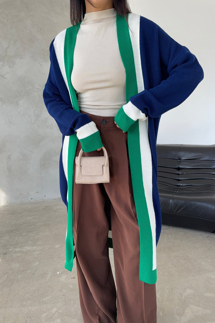 Navy & Green Color Block Longline Knit Cardigan - jqwholesale.com