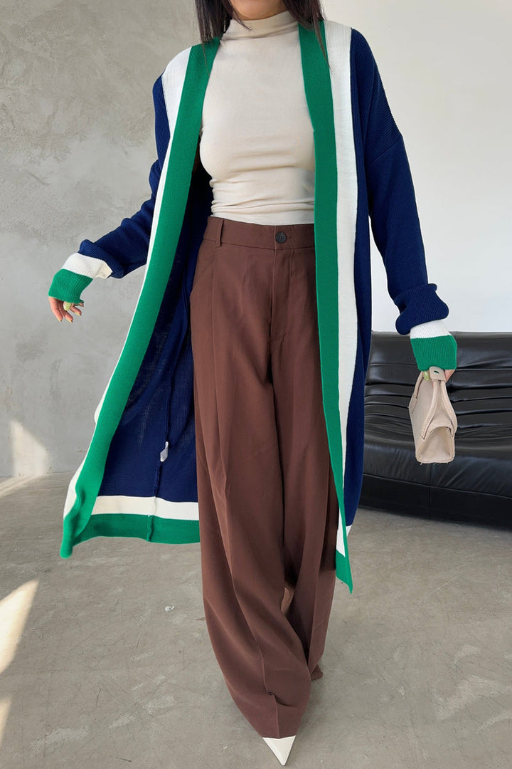 Navy & Green Color Block Longline Knit Cardigan - jqwholesale.com