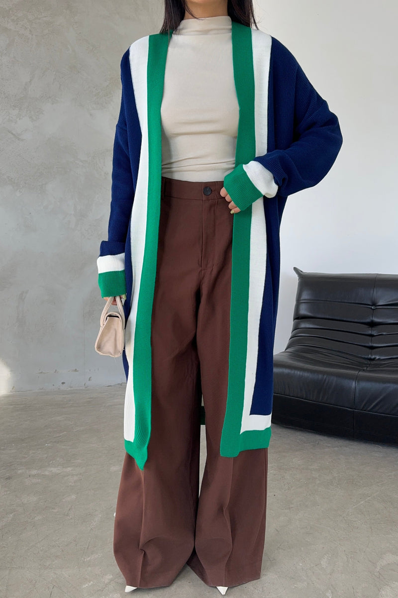 Navy & Green Color Block Longline Knit Cardigan - jqwholesale.com