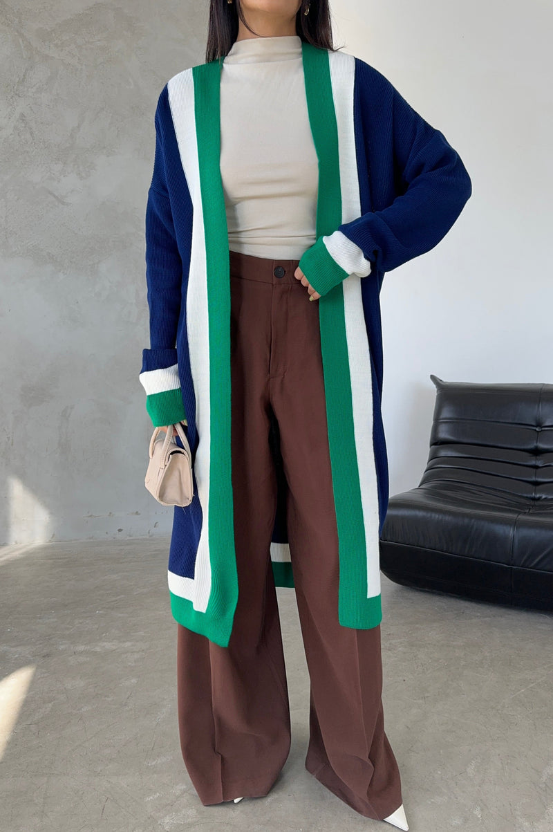 Navy & Green Color Block Longline Knit Cardigan - jqwholesale.com