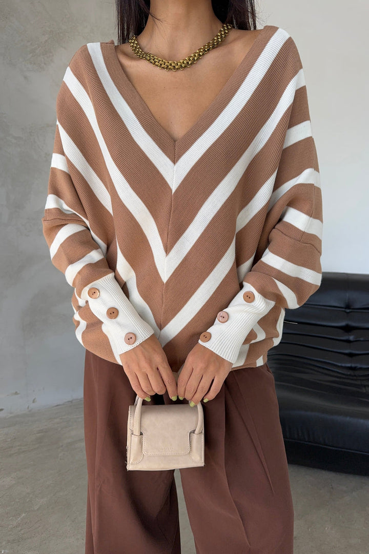 Camel Off-Shoulder Striped Knit Sweater with Button Details