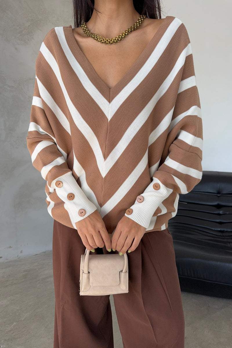 Camel Off-Shoulder Striped Knit Sweater with Button Details - jqwholesale.com