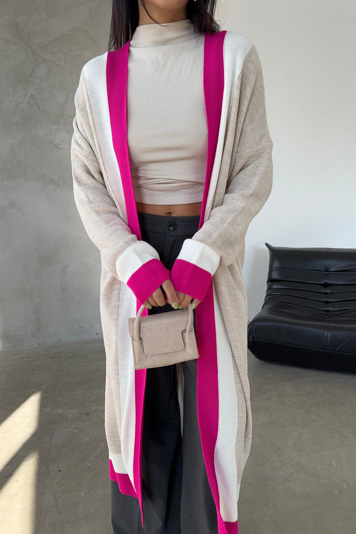 Beige & Fuchsia Color Block Longline Knit Cardigan - jqwholesale.com