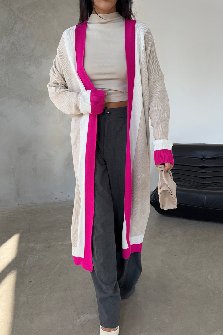 Beige & Fuchsia Color Block Longline Knit Cardigan - jqwholesale.com