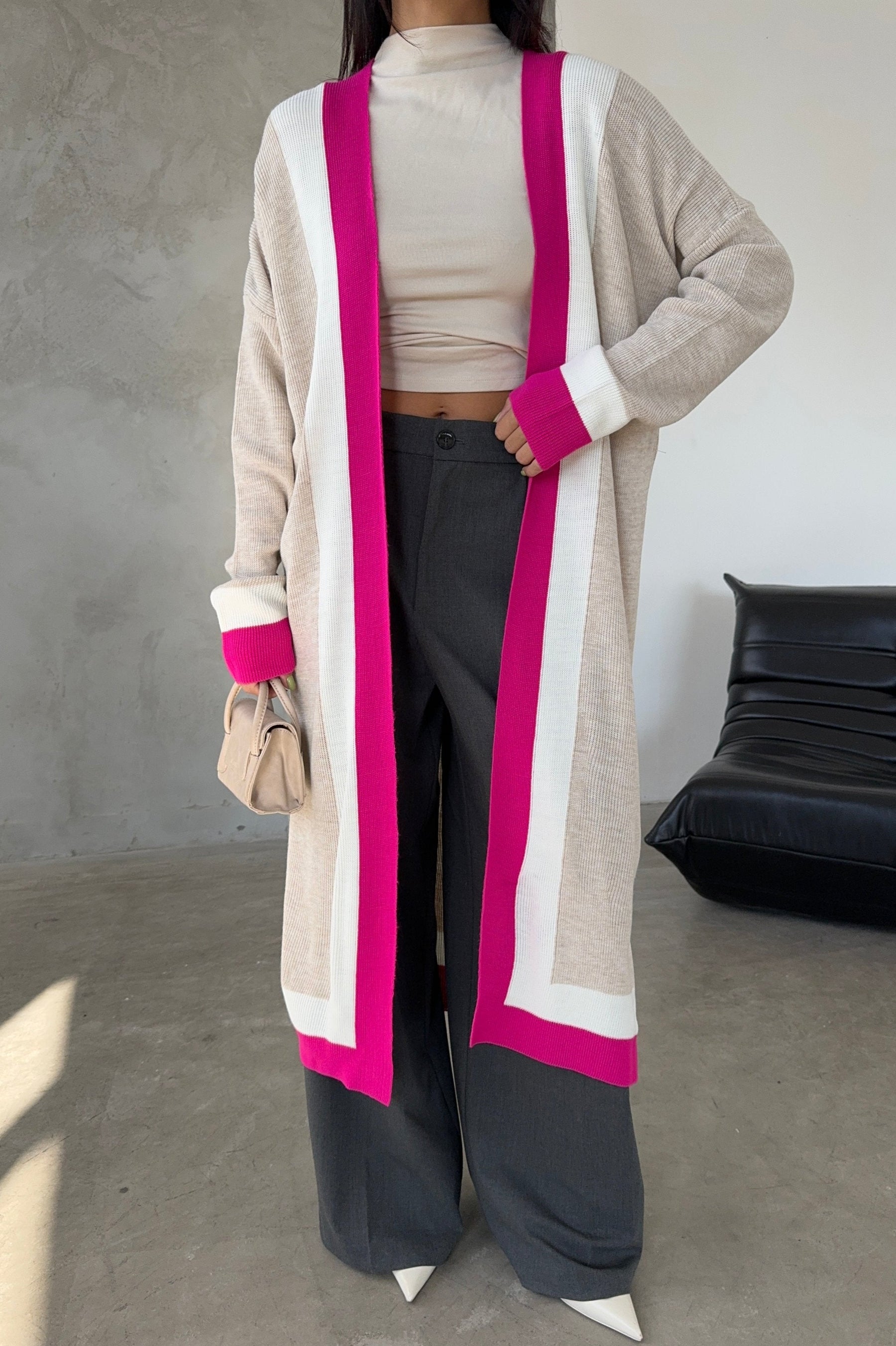 Beige & Fuchsia Color Block Longline Knit Cardigan