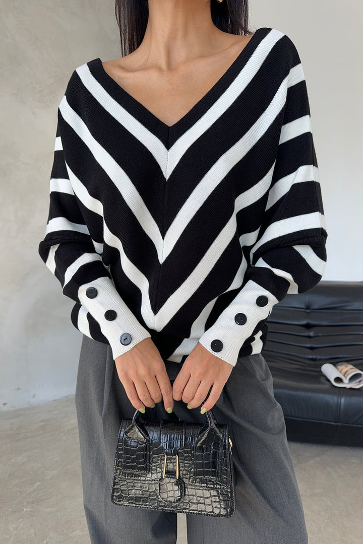 Black Off-Shoulder Striped Knit Sweater with Button Details - jqwholesale.com