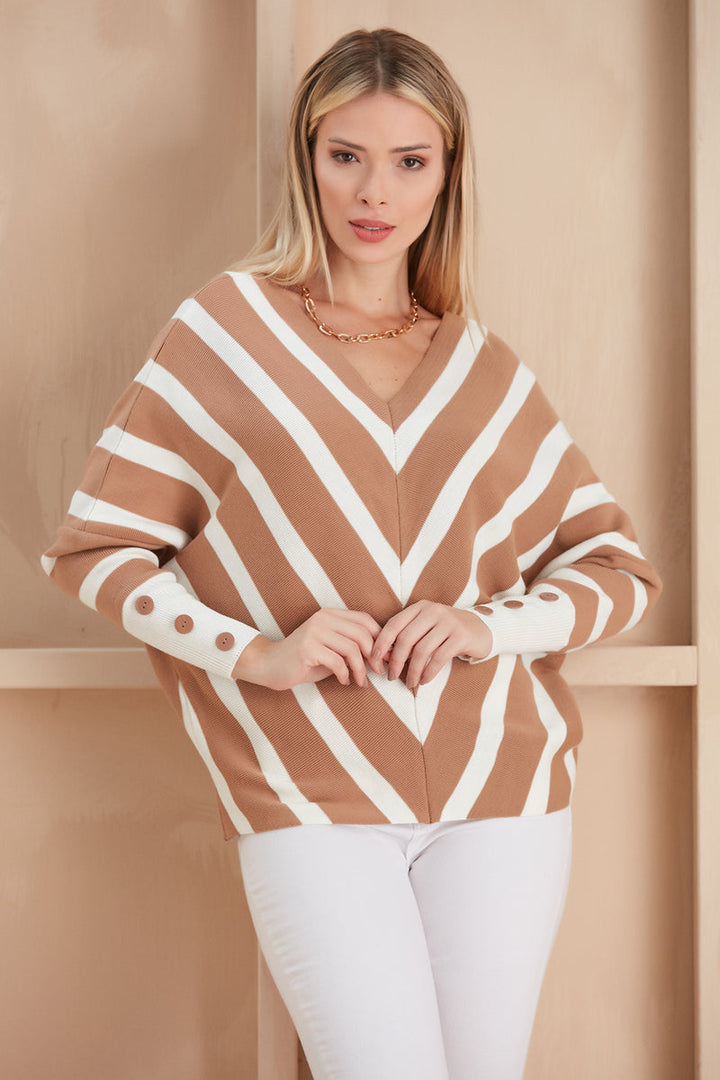 Camel Off-Shoulder Striped Knit Sweater with Button Details - jqwholesale.com