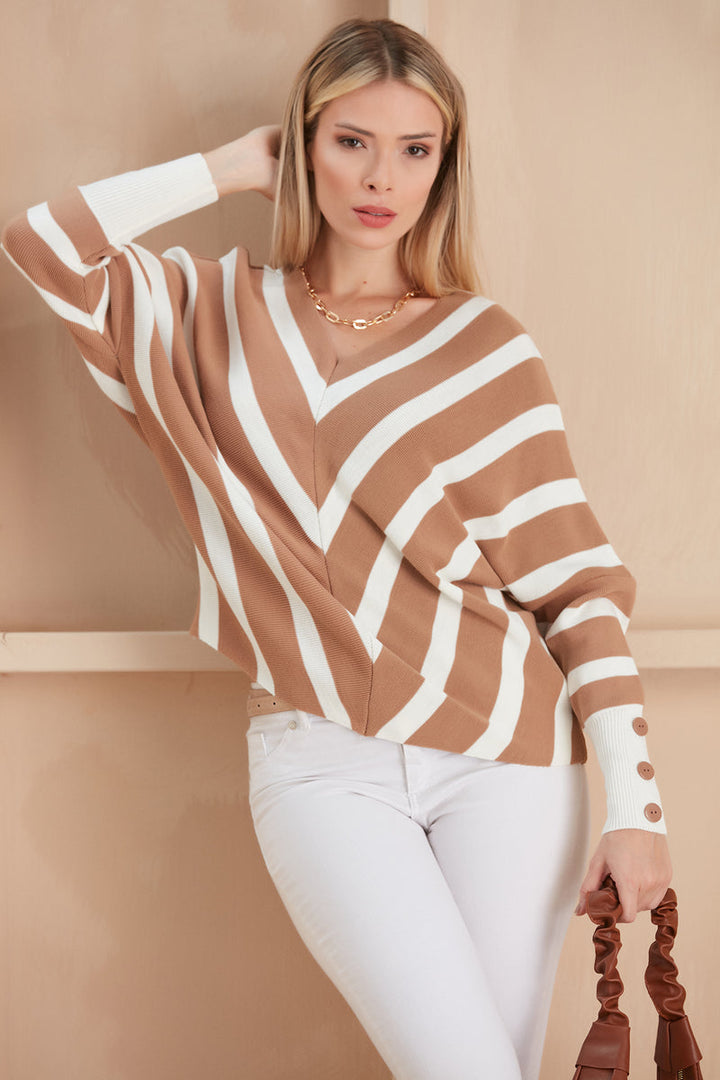 Camel Off-Shoulder Striped Knit Sweater with Button Details