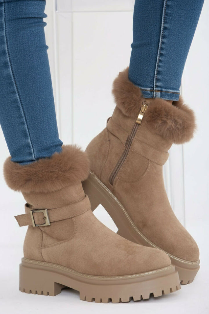 Camel Faux Fur Collar Buckle Ankle Boot (PACK OF 12 PAIRS UK3-UK8) - jqwholesale.com