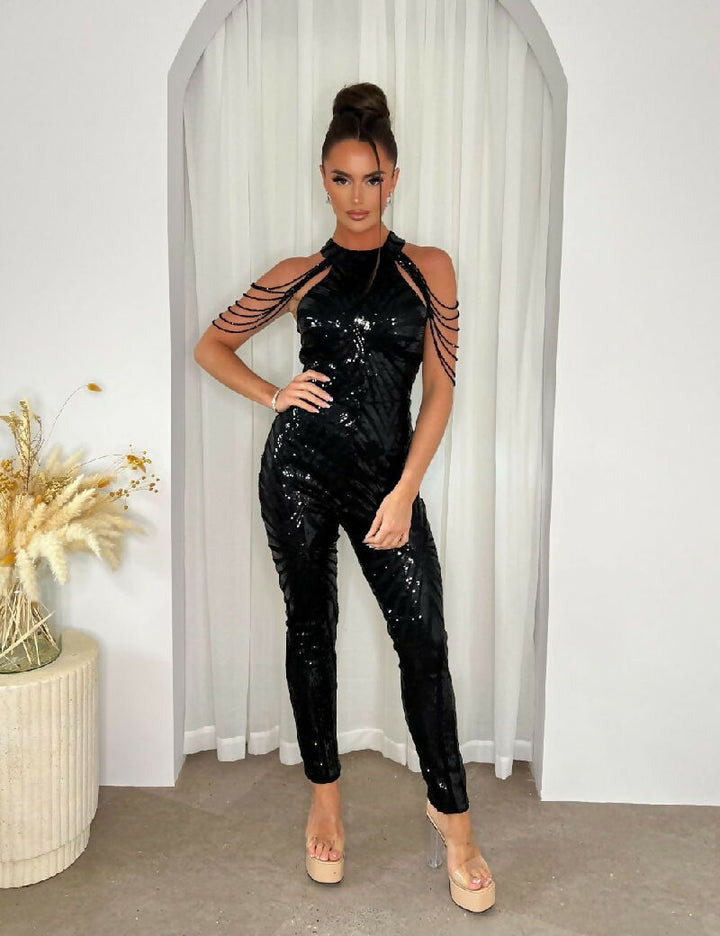 (5-6P.PACK) Shadow Luxe Black High Neck Beaded Sequin Illusion Jumpsuit