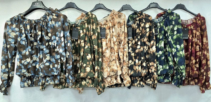 Contrast Leaf Ruffle Frill Bardot blouse - jqwholesale.com