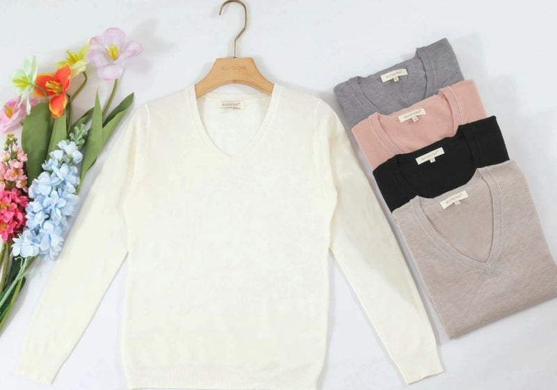 V Neck Long Sleeved Fine Knit (5p.pack) - jqwholesale.com