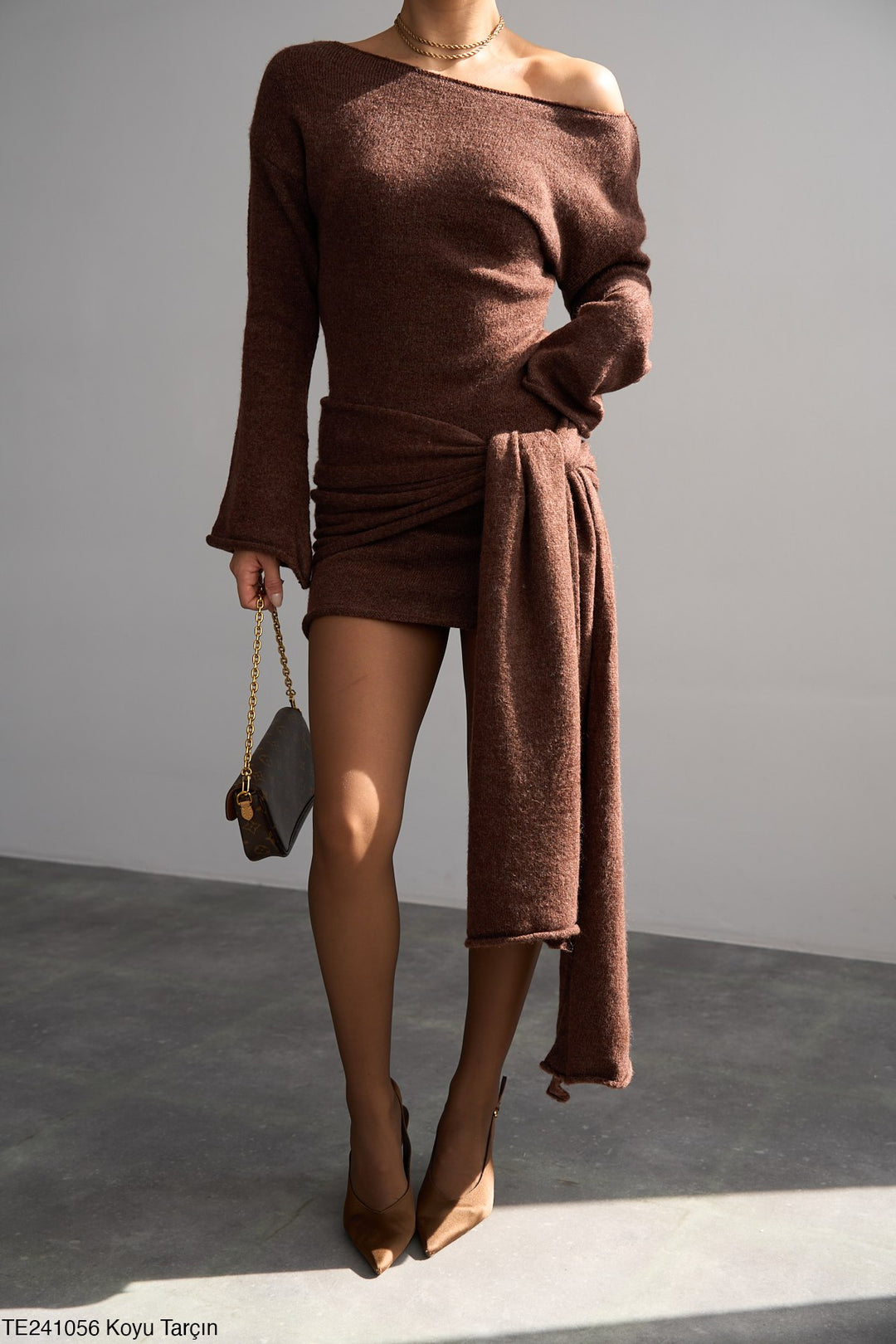 Asymmetric Tie-Waist Knit Mini Dress – Chocolate