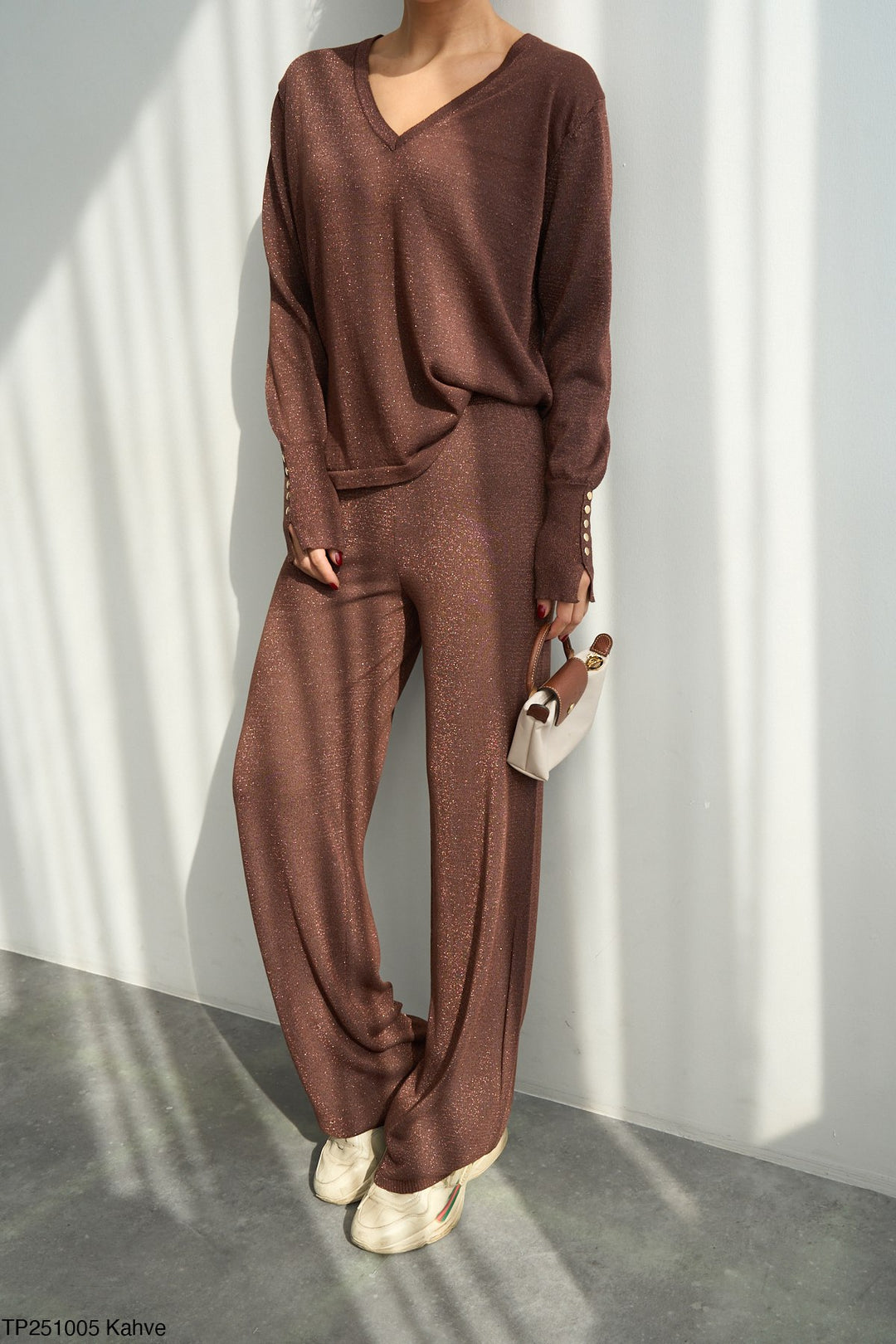 Soft Glitter Wide-Leg Trousers – Brown