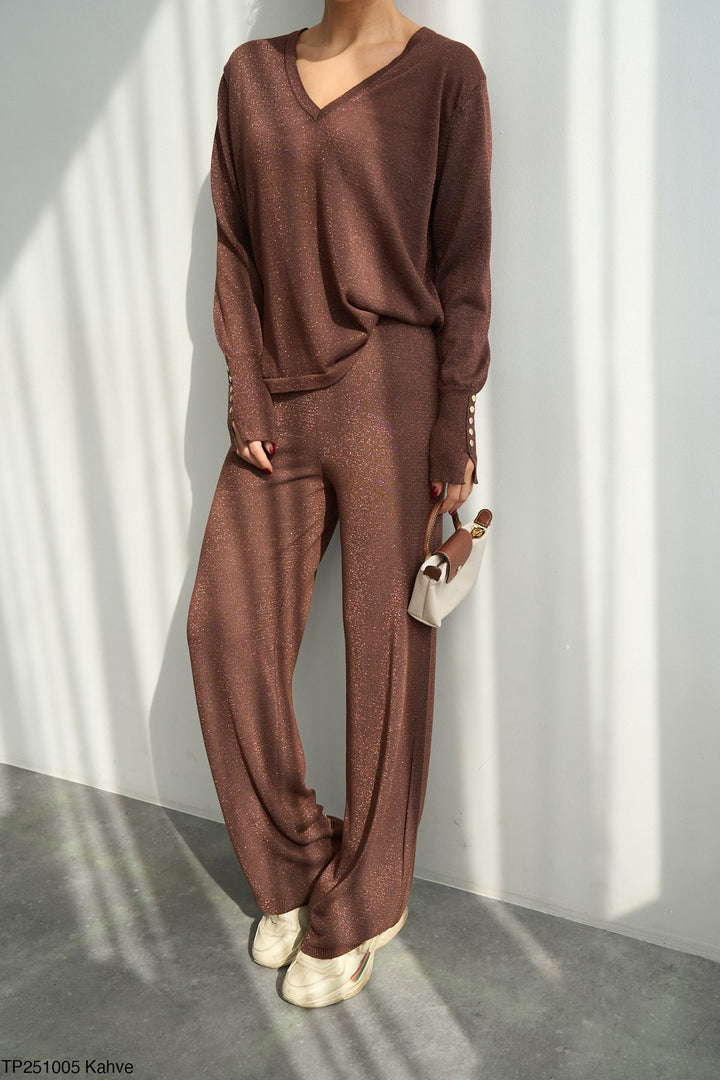 Soft Glitter Wide-Leg Trousers – Brown