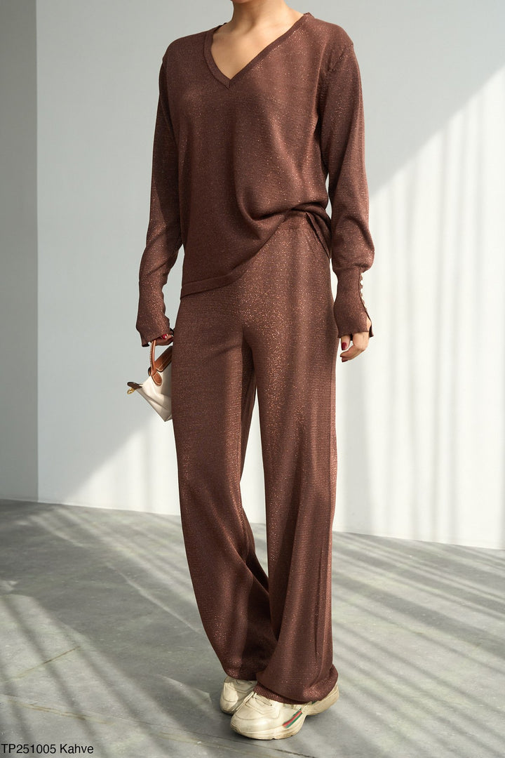 Soft Glitter Wide-Leg Trousers – Brown