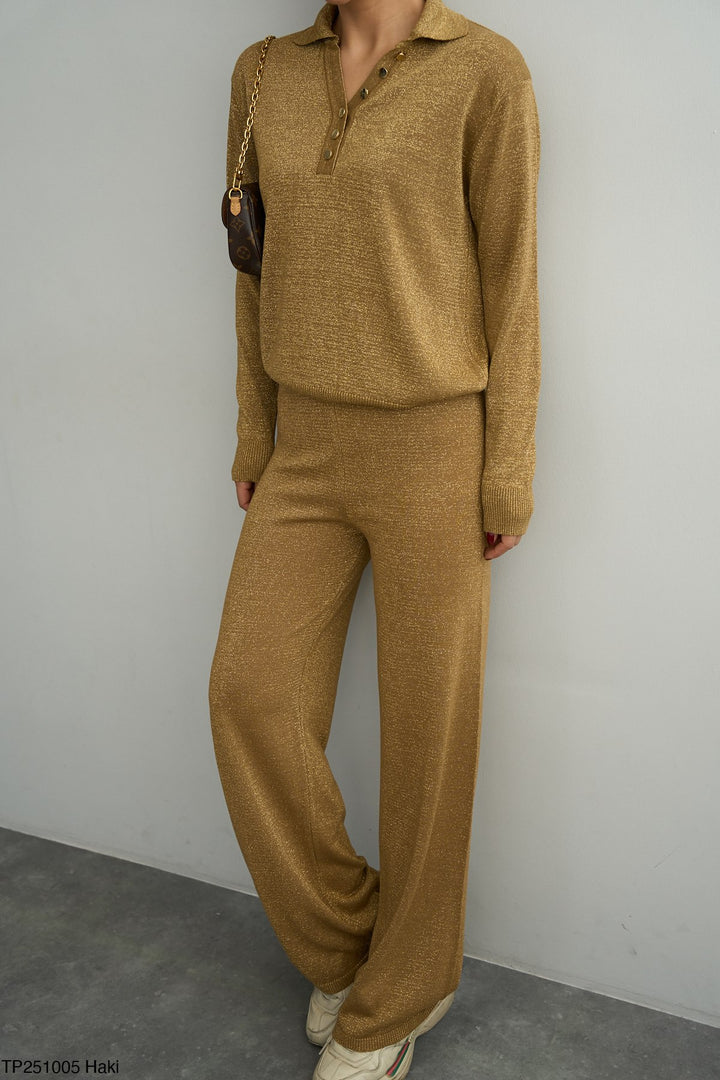 Soft Glitter Wide-Leg Trousers – Gold