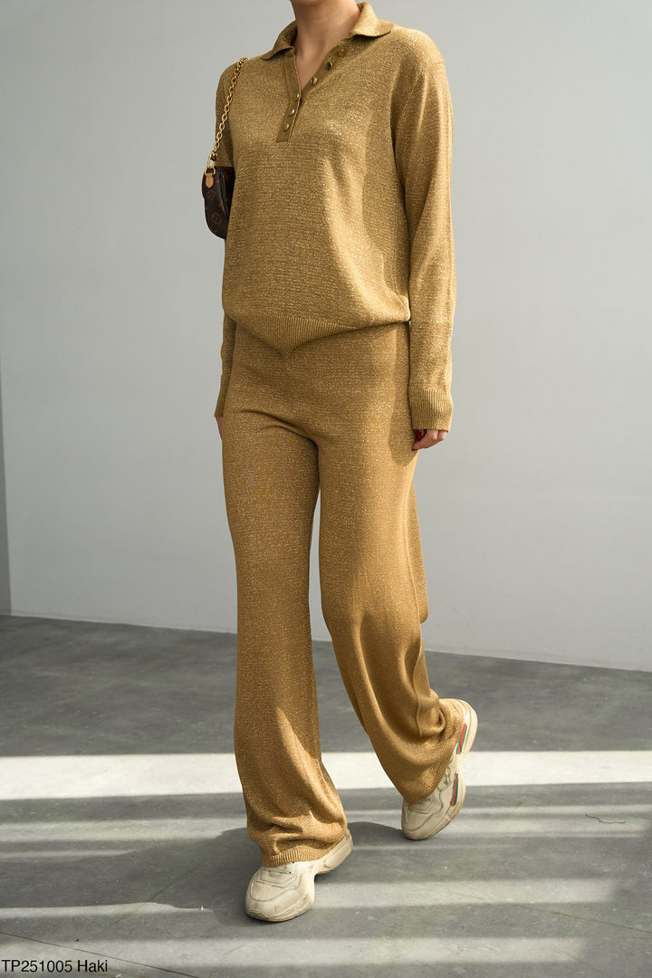 Soft Glitter Wide-Leg Trousers – Gold