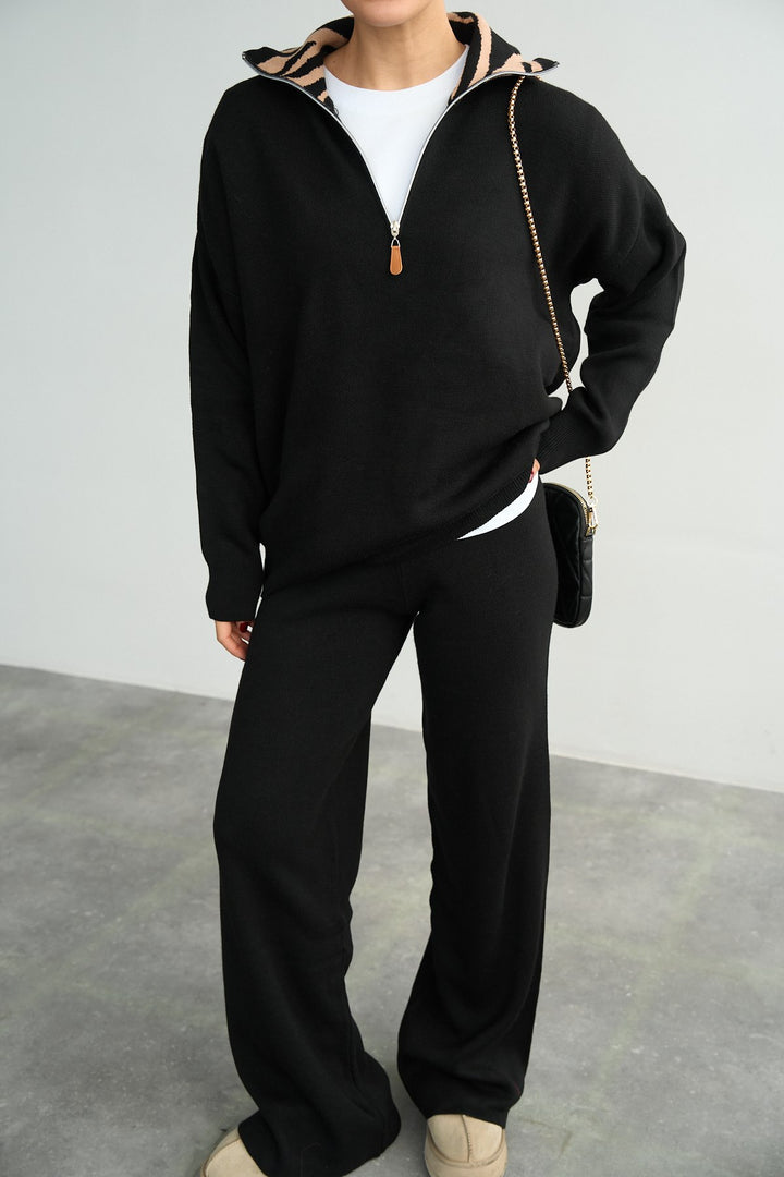 Half-Zip Relaxed Knit Jumper with Contrast Collar – Black