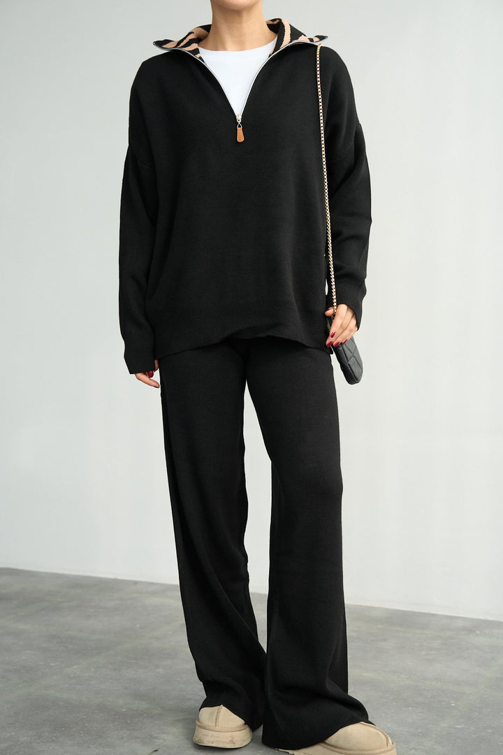 Half-Zip Relaxed Knit Jumper with Contrast Collar – Black