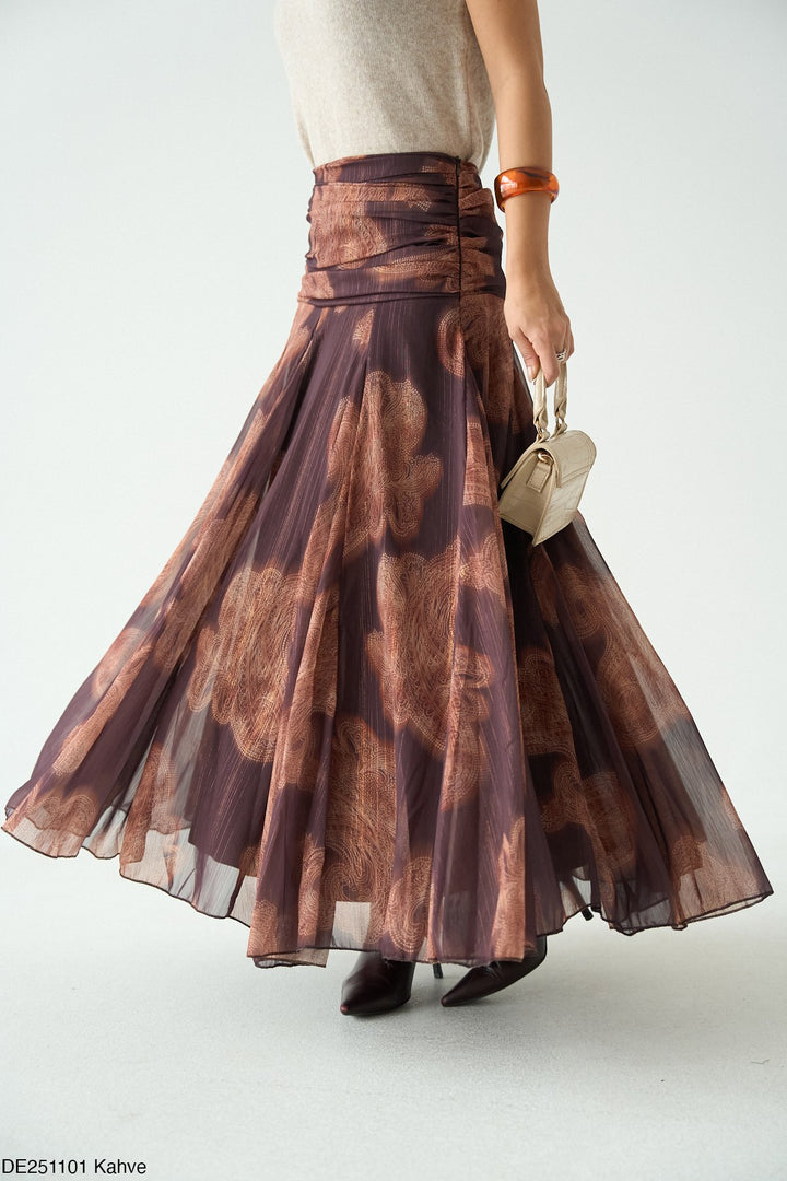 Printed Flared Maxi Skirt in Brown