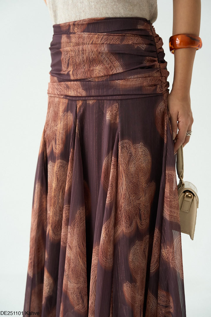 Printed Flared Maxi Skirt in Brown