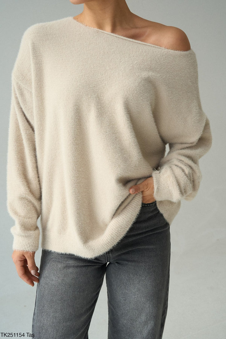 Off-Shoulder Fuzzy Jumper in Cream - jqwholesale.com