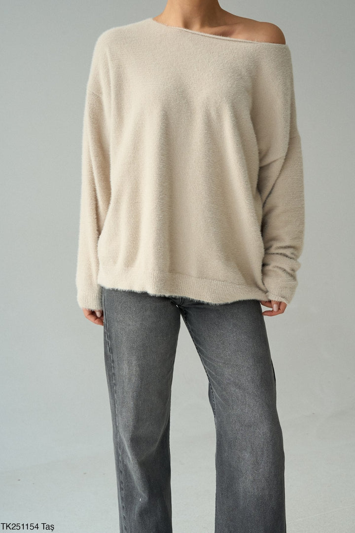 Off-Shoulder Fuzzy Jumper in Cream - jqwholesale.com