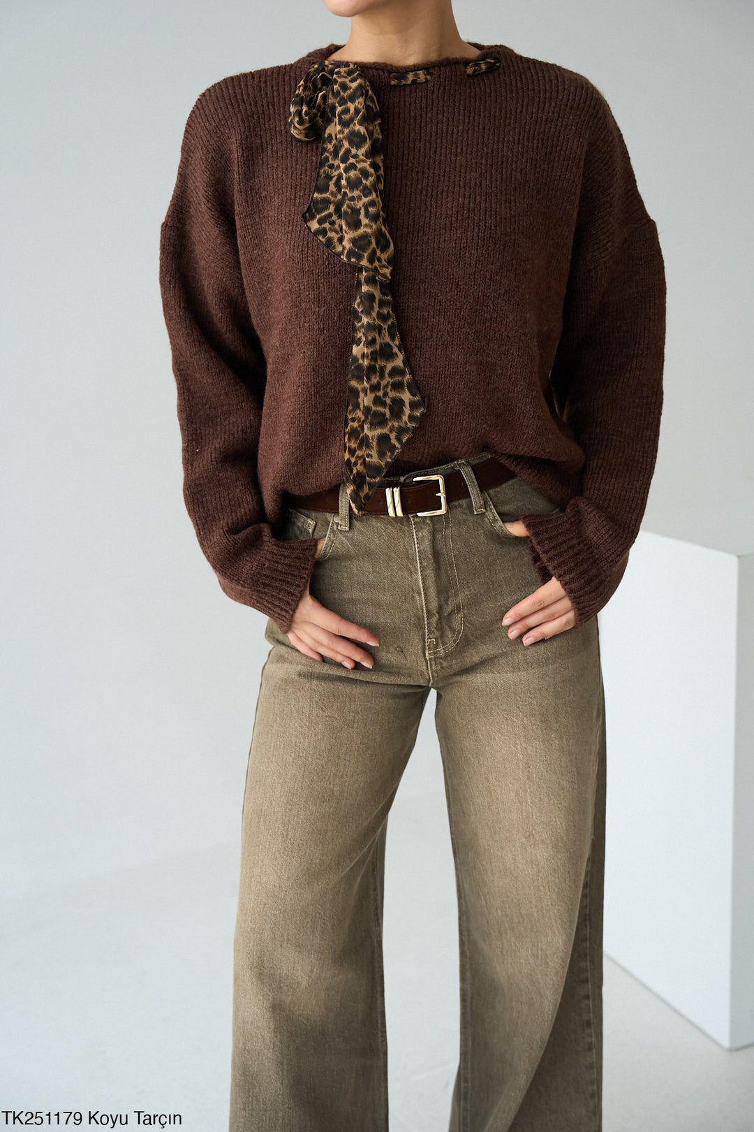 Leopard Tie Detail Soft Knit Jumper in Deep Brown