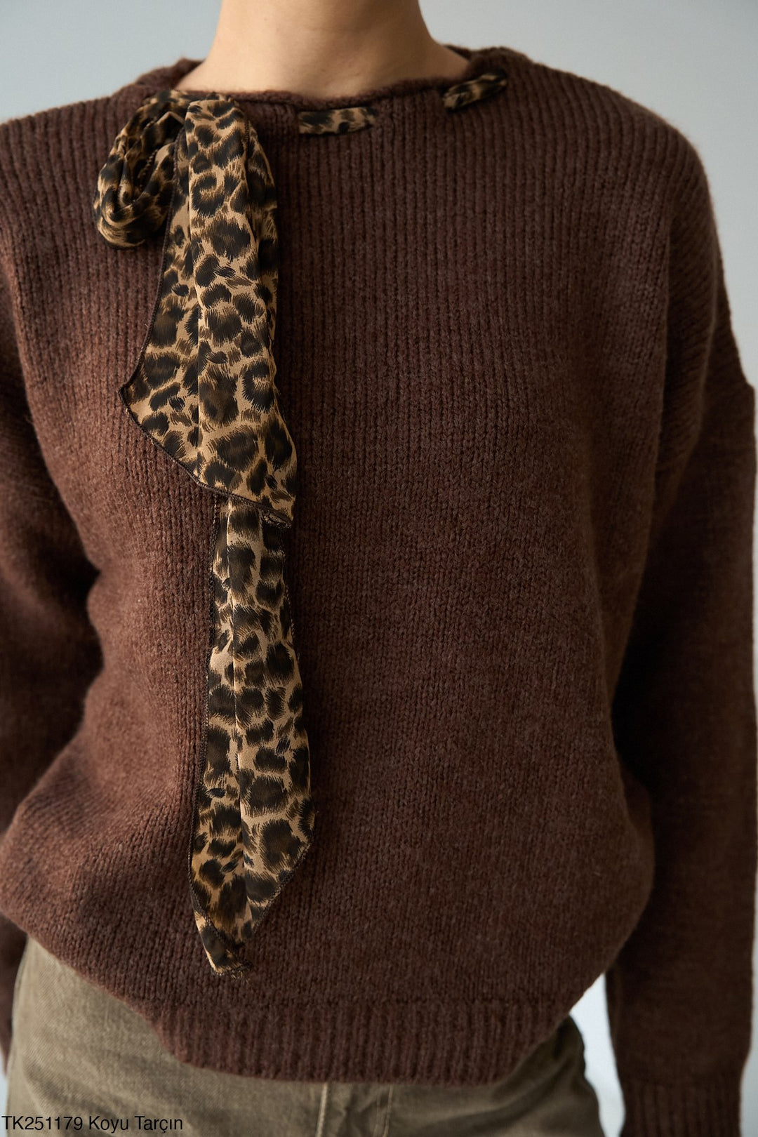 Leopard Tie Detail Soft Knit Jumper in Deep Brown