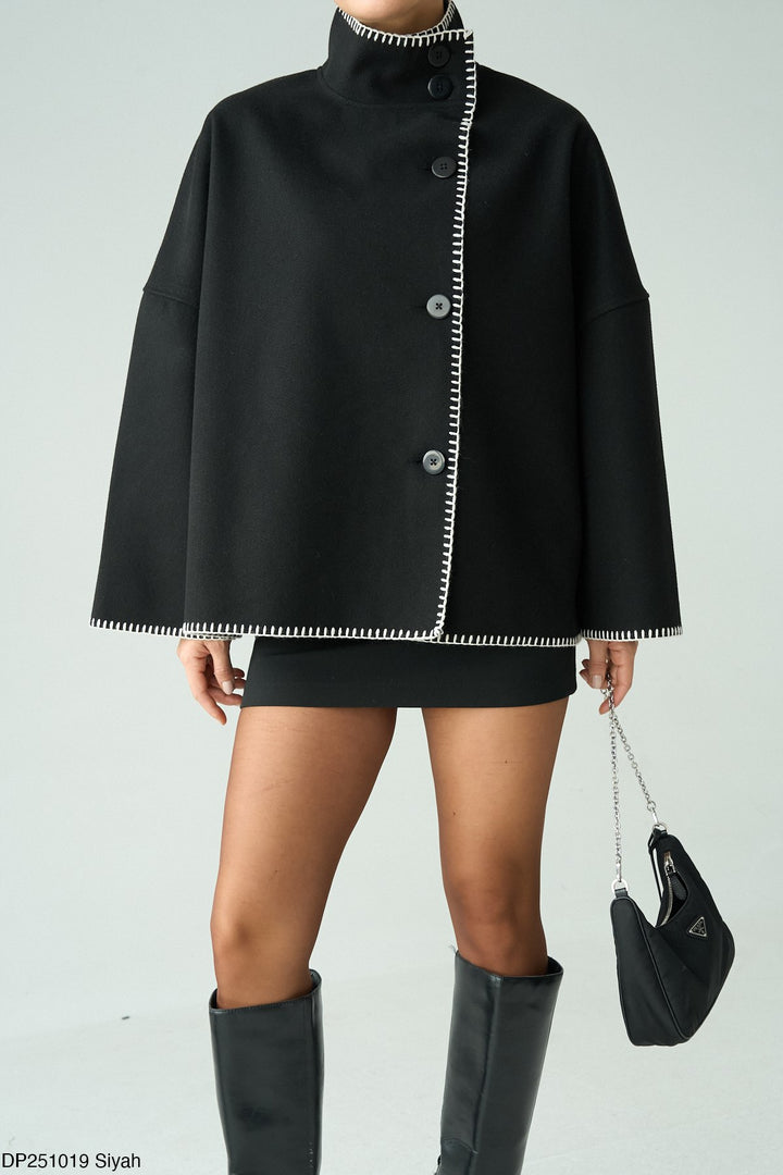 Contrast Stitch Cape Jacket in Black