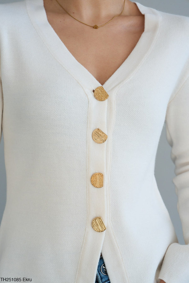 Gold Button Knit Cardigan - Ecru