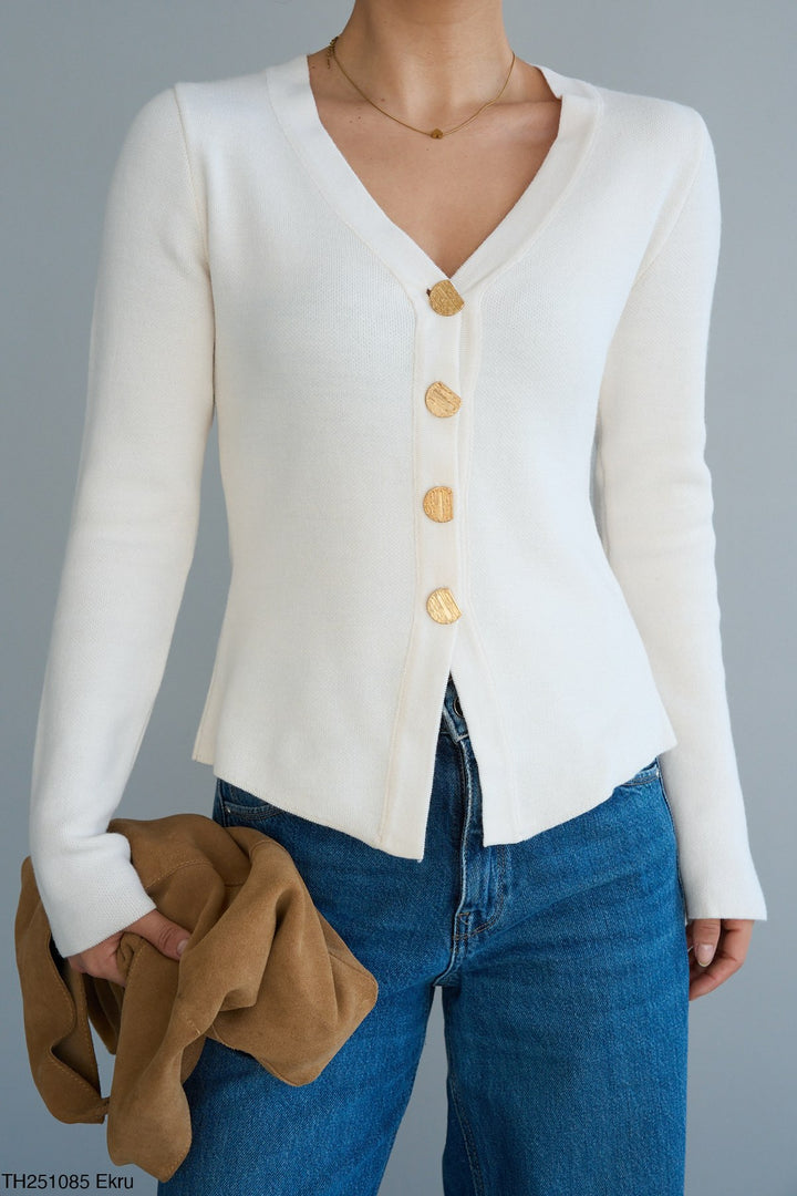 Gold Button Knit Cardigan - Ecru