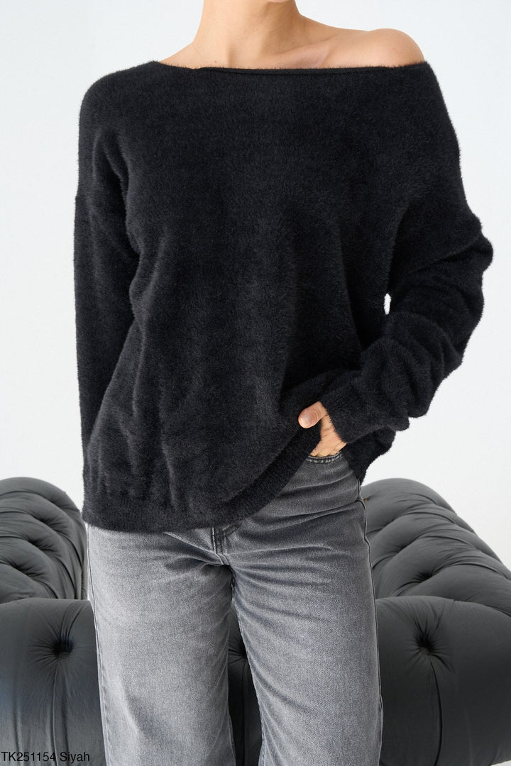 Off-Shoulder Fuzzy Jumper in Black - jqwholesale.com